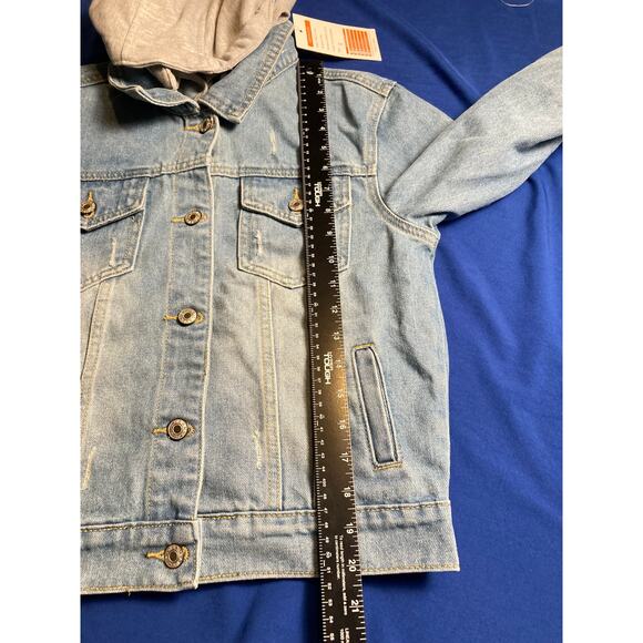 New Womens Distressed Denim Jean Jacket Size Small with Detachable Hood - Picture 14 of 15